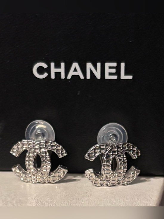 CHANEL Jewelry - CHANEL Silver Quilted CC Logo Stud Earrings w/COA